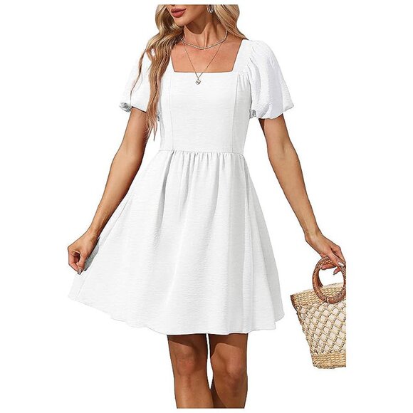 Women Puff Sleeve Square Neck Tie in Back Dresses with Zipper A White